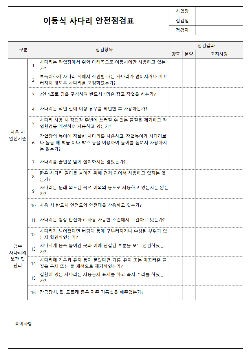 이동식 사다리 안전점검표