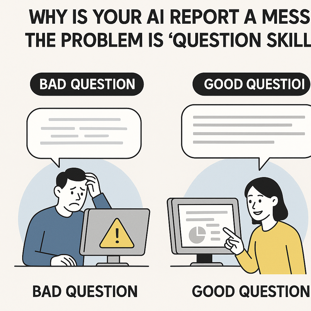 질문이 모호한 남성과 명확한 질문을 하는 여성이 AI에게 보고서를 요청한 뒤 서로 다른 결과를 받는 장면을 비교한 인포그래픽