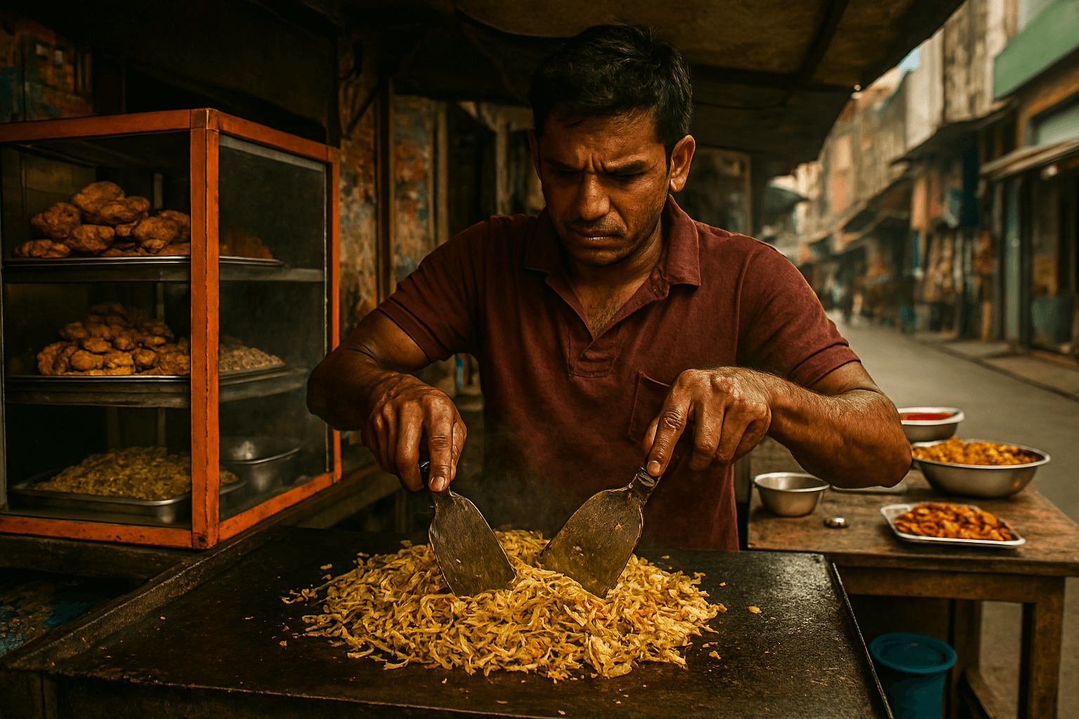활기 넘치는 스리랑카 길거리 시장에서, 능숙한 손길로 코뚜 로띠를 만들고 있는 현지 요리사. 신선한 재료와 매콤한 향이 식욕을 돋우는 모습.