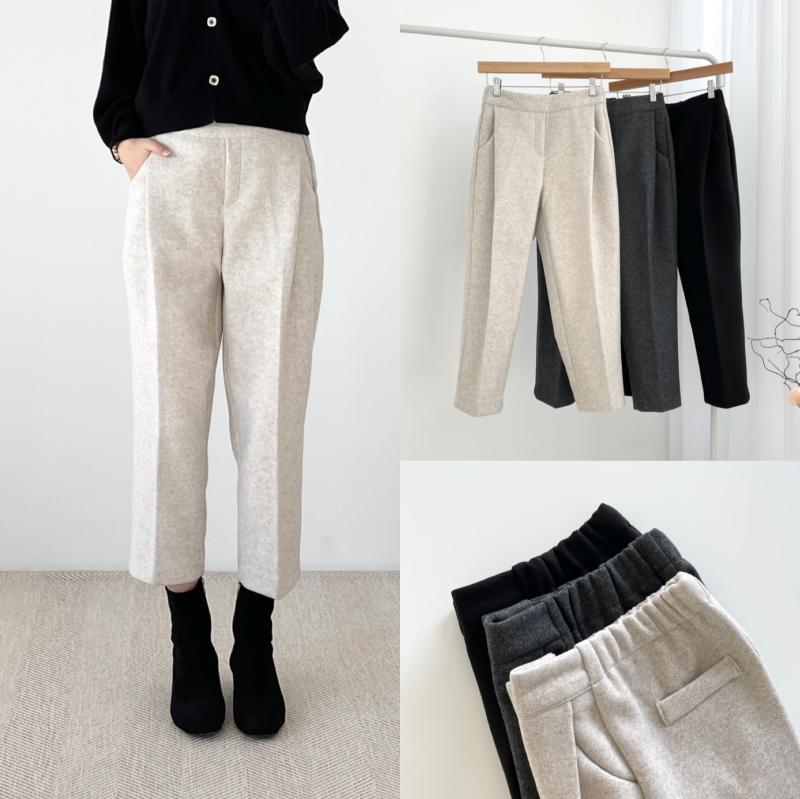 키작녀슬랙스 여성기모슬랙스 겨울 모직 밴딩 여성 핀턱 배기바지 정장팬츠