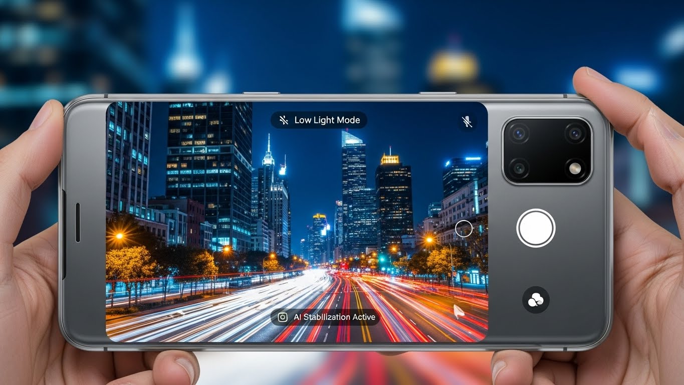 스마트폰 카메라로 야경을 선명하게 촬영하는 모습, AI 기반 야간 촬영 기술 강조