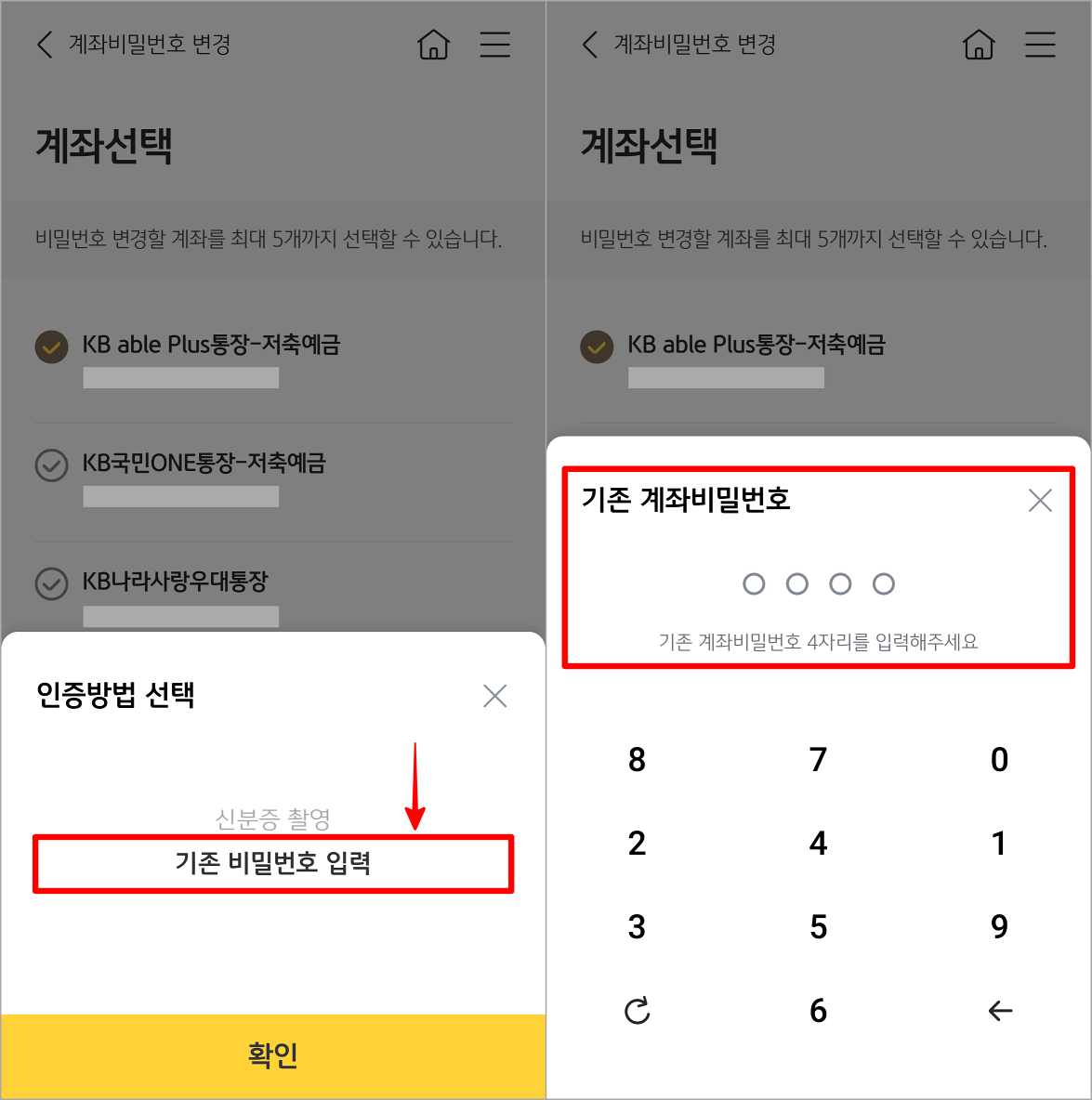 인증방법으로 기존 비밀번호 입력을 선택한 뒤, 기존 계좌 비밀번호를 입력