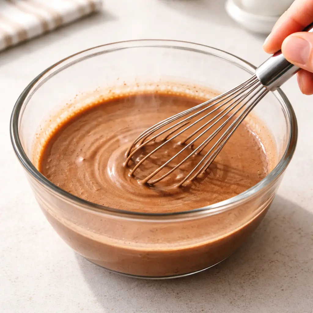 초코우유 베이스 만들기 - 거품기로 코코아가루와 우유를 섞는 과정