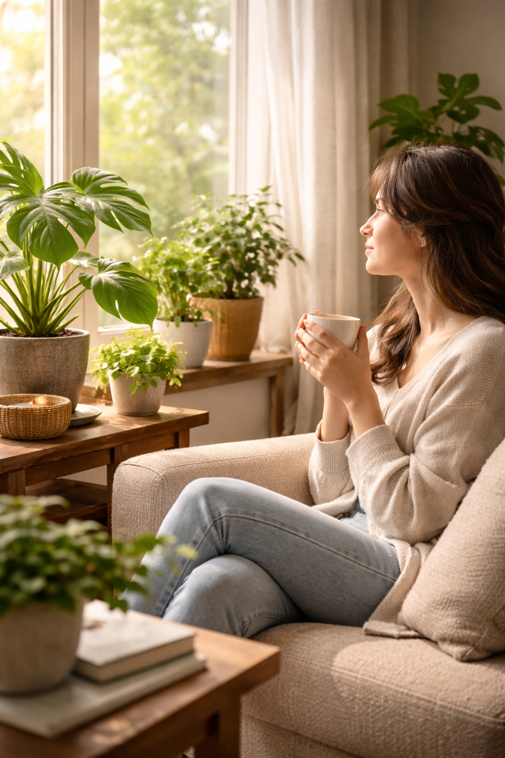 화분이 가득한 방에 앉아 커피를 마시며 휴식을 취하는 여성 사진