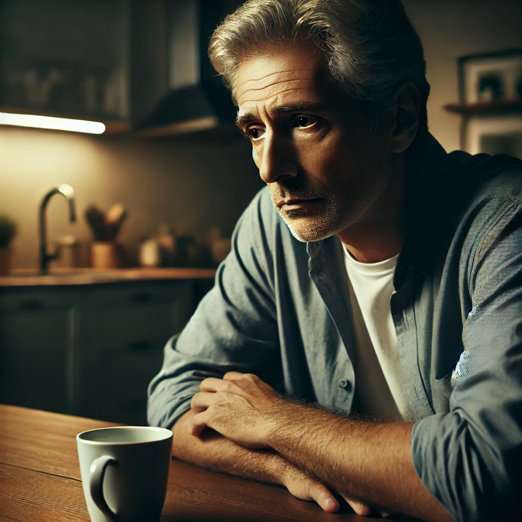 갱년기로 우울하고 힘든 표정의 남자 이미지