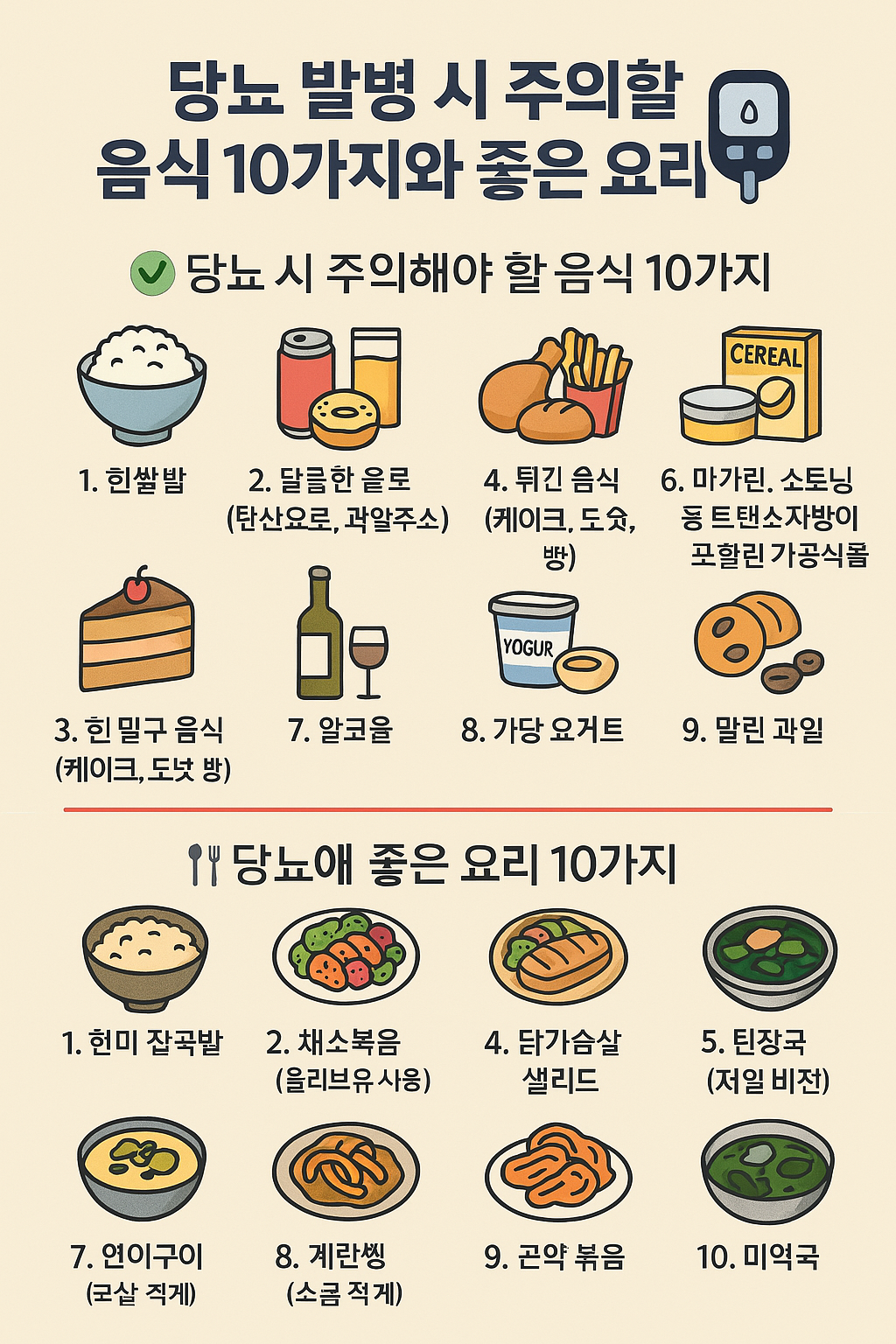 당뇨 발병 시 주의할 음식 10가지와 좋은 요리 10가지