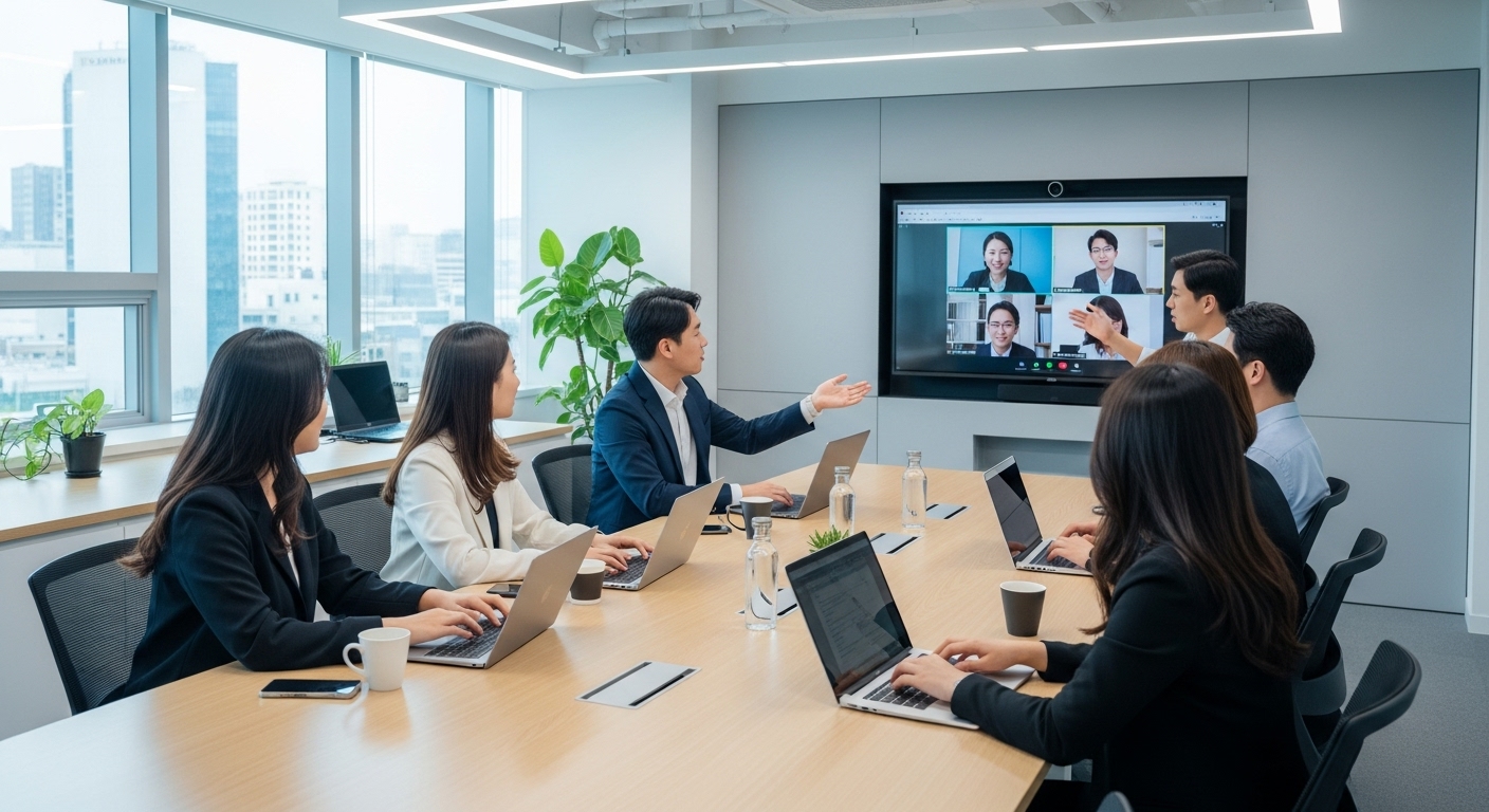 a team of Korean coworkers are collaborating at a meeting table.
