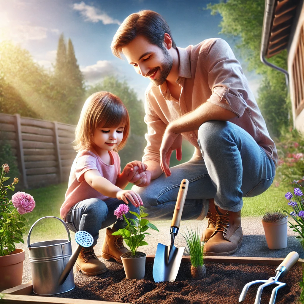 뒷마당에서 꽃을 함께 심는 부모와 아이