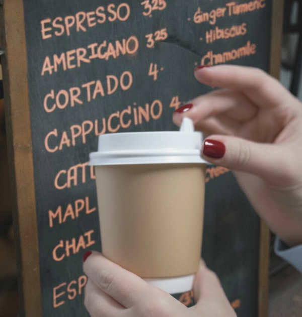 커피 메뉴판이 뒤에 있고 테이크 아웃 커피를 들고 있는 손이 보인다.