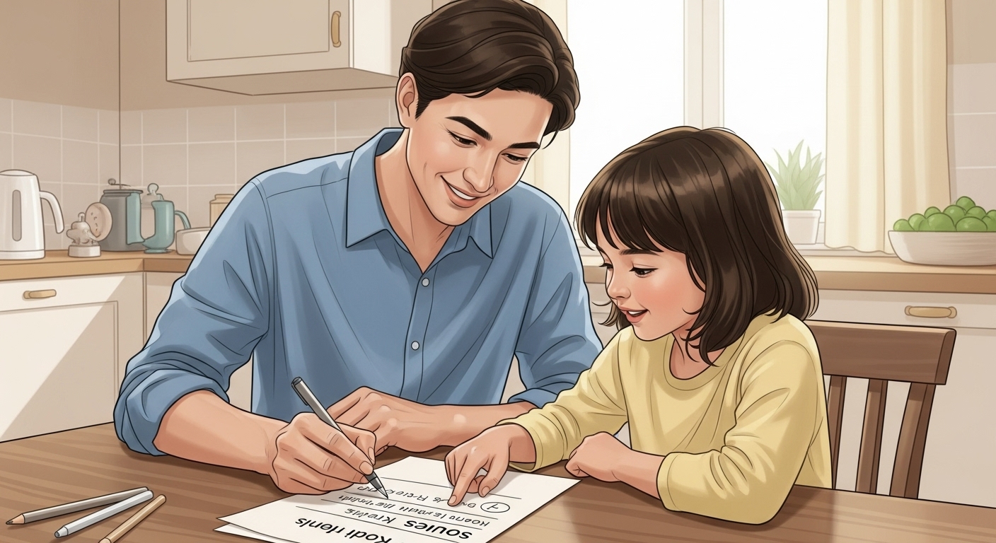 부모와 아이가 함께 규칙을 정하고 문제 해결책을 모색하는 협력적인 대화 장면. 따뜻한 가정 분위기.