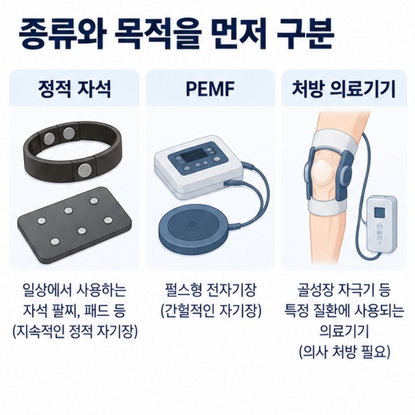 정적 자석과 PEMF, 골성장 자극기의 차이와 근거 수준을 비교한 이미지