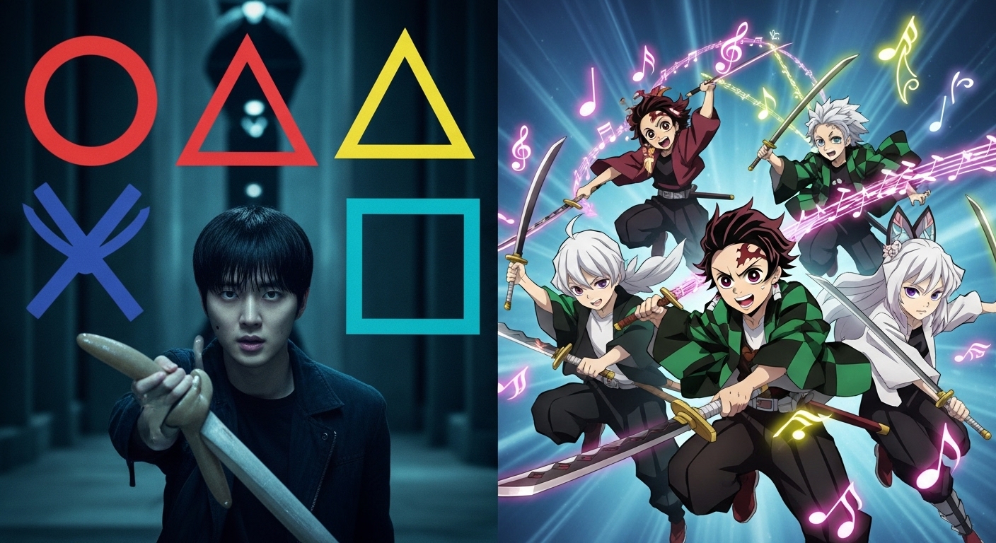 오징어 게임 시즌 2의 긴장감 넘치는 장면과 케이팝 데몬 헌터스 애니메이션 캐릭터들의 역동적인 액션 장면이 함께 어우러진 이미지. K-드라마와 K-애니메이션의 성공적인 확장을 표현.