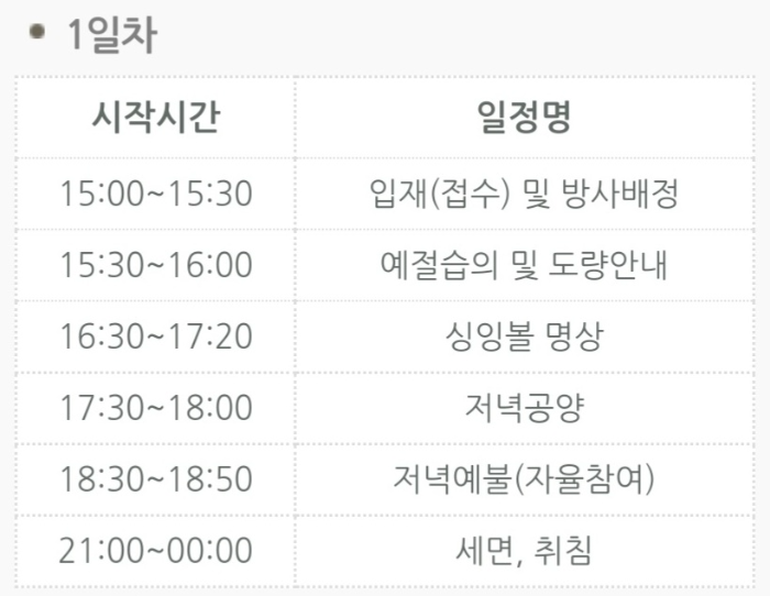 금선사 템플스테이 1일차 일정