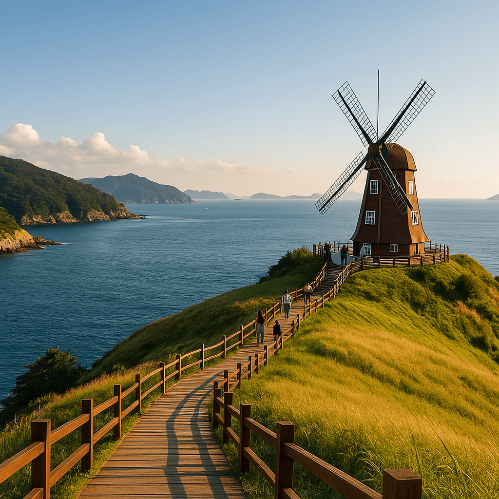 거제 바람의 언덕 풍차전망대에서 만나는 푸른 바다와 바람의 낭만 여행