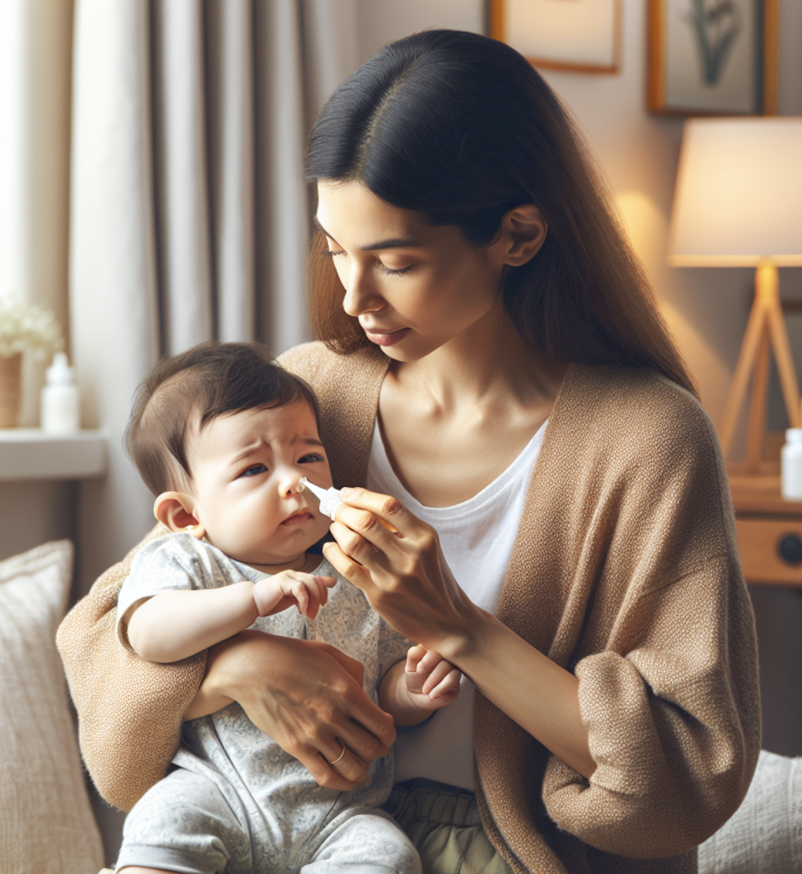 아기의 막힌 코를 어머니가 뚤는 모습