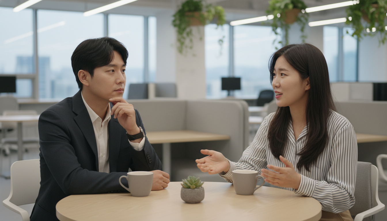 현대 사무실에서 한국인 동료 두 명이 서로 존중하며 건설적인 대화를 통해 갈등을 해결하는 모습.