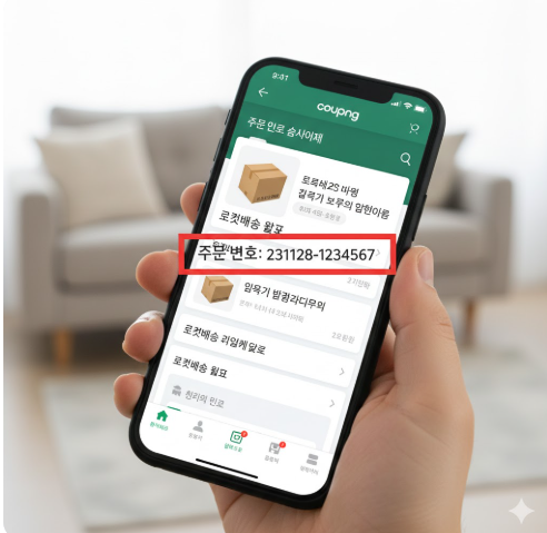 쿠팡 모바일 앱 화면과 주문 번호가 강조된 이미지