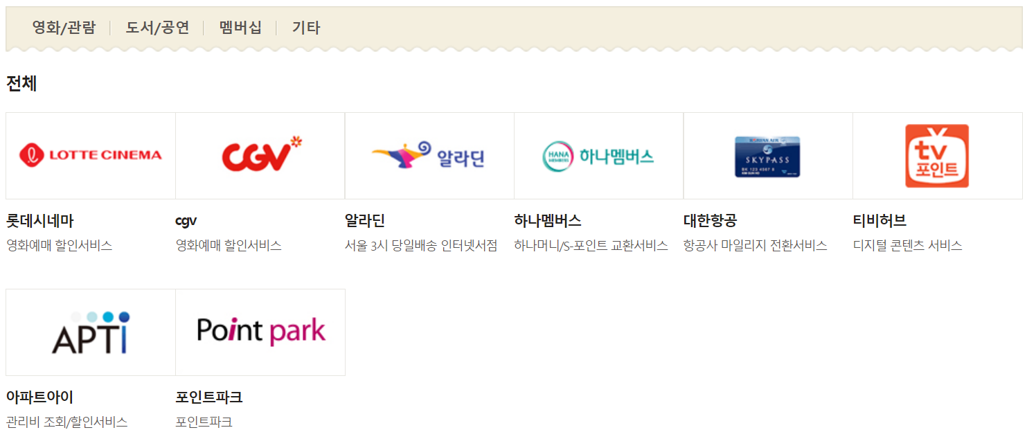 포인트 제휴사용처 안내화면 입니다.