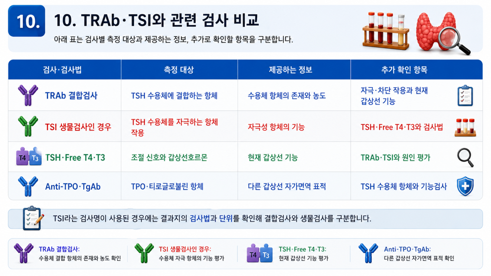 TRAb 결합검사, TSI 생물검사, TSH·Free T4·T3, Anti-TPO·TgAb를 비교한 레고 스타일 메디컬 인포그래픽