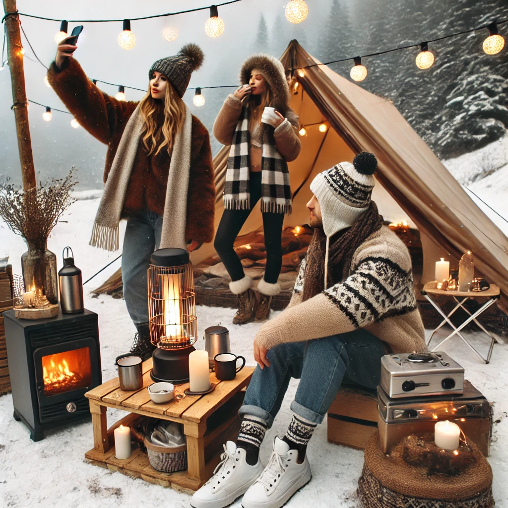겨울 캠핑장에서 감성 캠핑 장비들을 활용해서 사진을 찍고 있는 젊은이들의 모습이 표현 된 사진