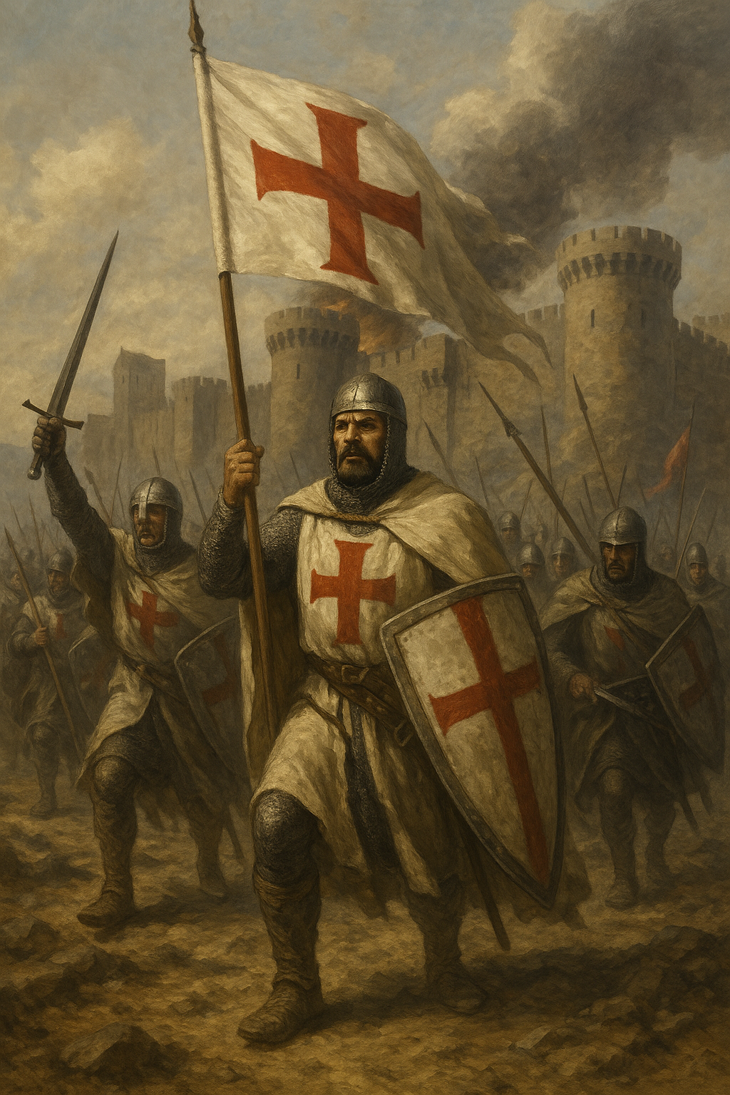 십자군 기사들이 십자가 깃발을 들고 있는 모습