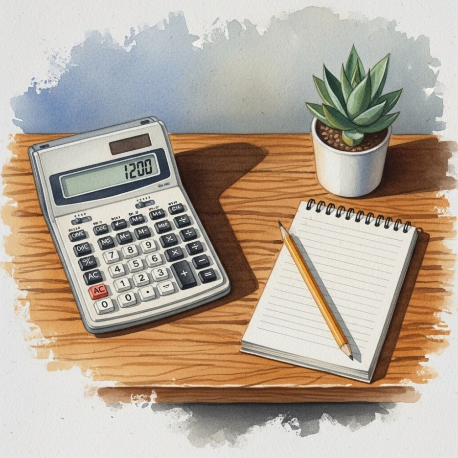 책상 위 계산기와 메모장이 놓인 차분한 수채화