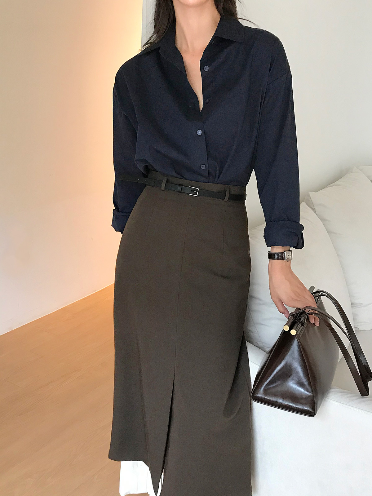 가을신상 마틴 가을 벨트 슬릿 H라인 스커트