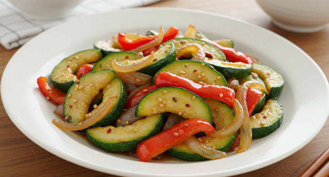 드러운 애호박과 양파, 빨간 홍고추가 어우러져 먹음직스러운 모습