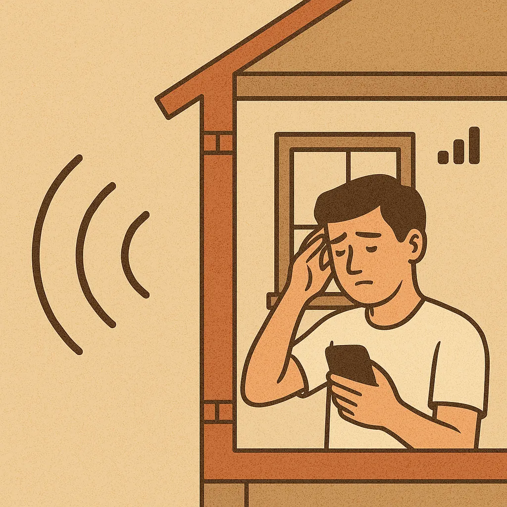 실내에서 휴대폰 신호가 약해져 고민하는 남성과 벽을 통과하며 약해지는 전파를 보여주는 삽화