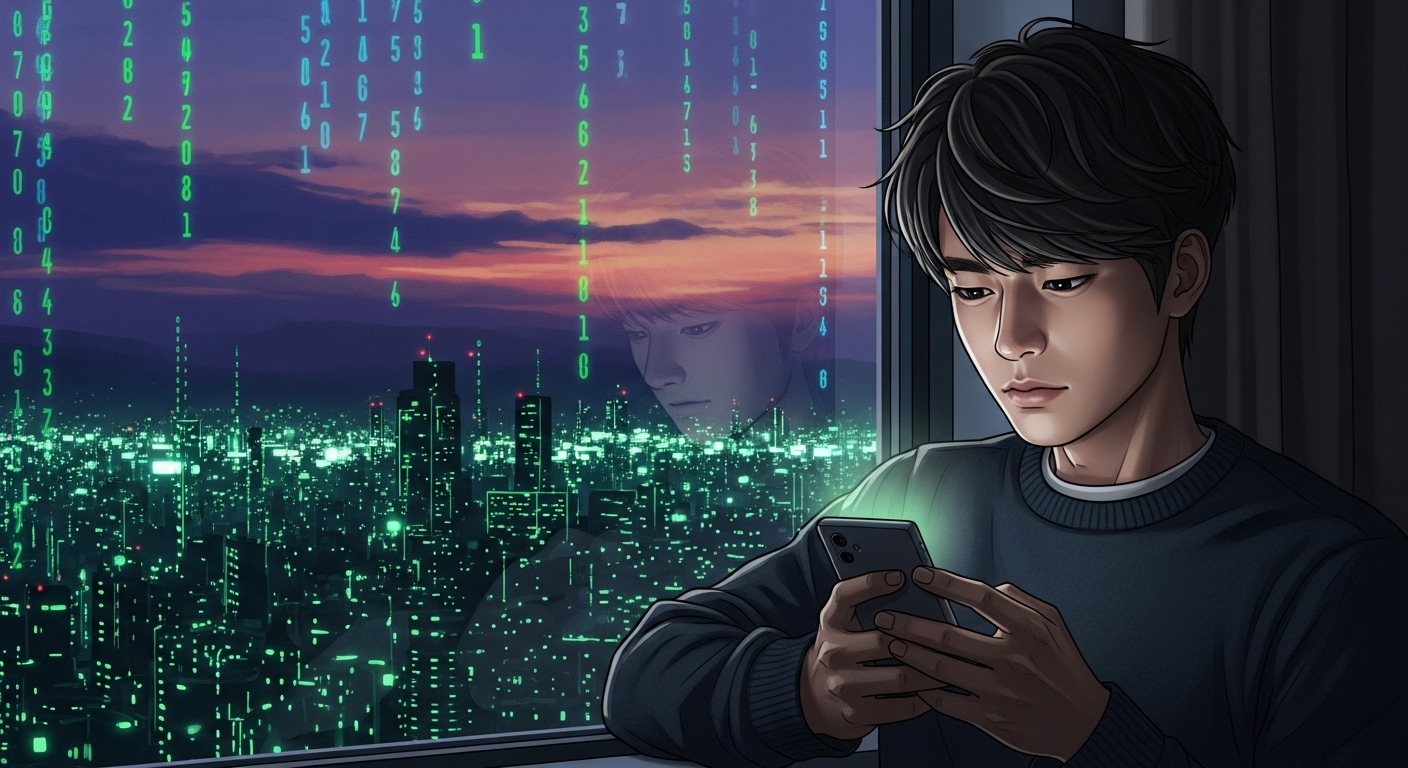 디지털 세상 속에서 개인정보와 AI 윤리에 대해 고민하는 현대인의 모습(일러스트)