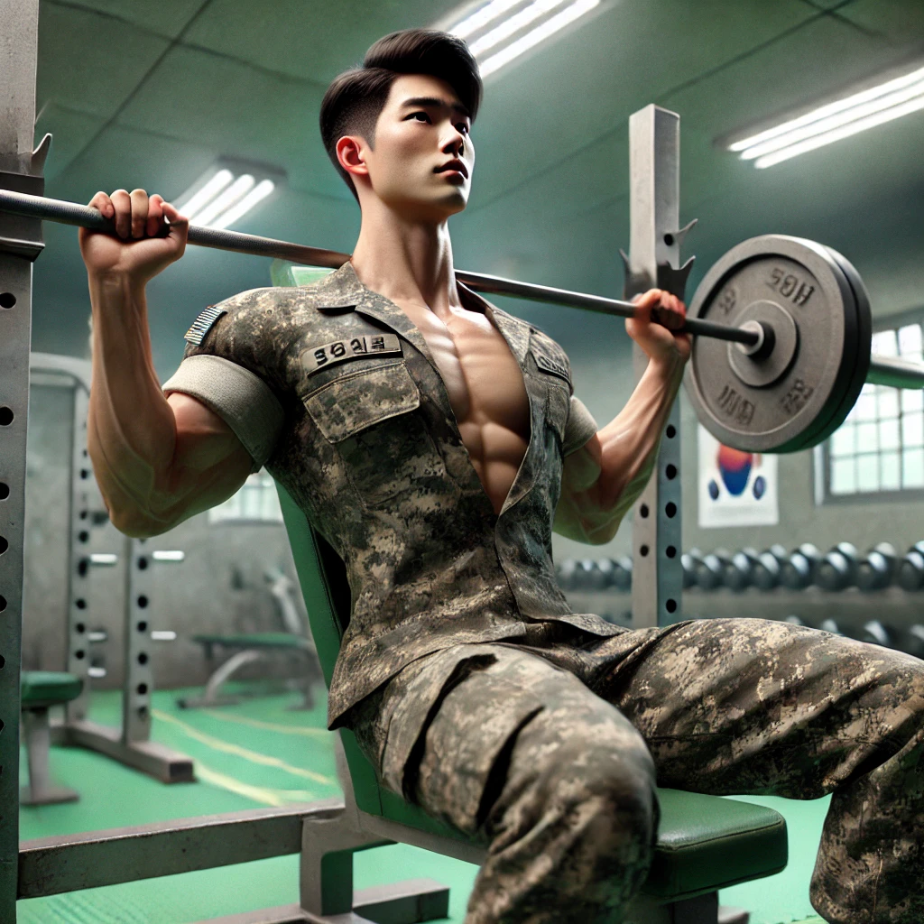 국 군인이 군대 체육관에서 벤치프레스를 하는 모습, 위장복 착용, 근육질 팔, 군사 체육관 내부, 역동적인 운동 장면
