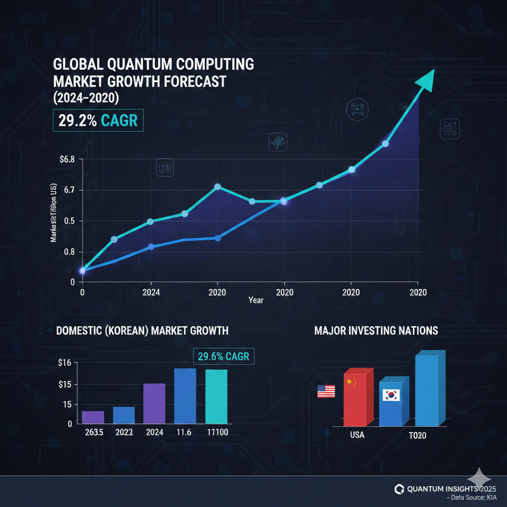 2026년까지의 양자컴퓨터 시장 성장률 전망 그래프와 주요 참여 국가 순위 데이터 시각화