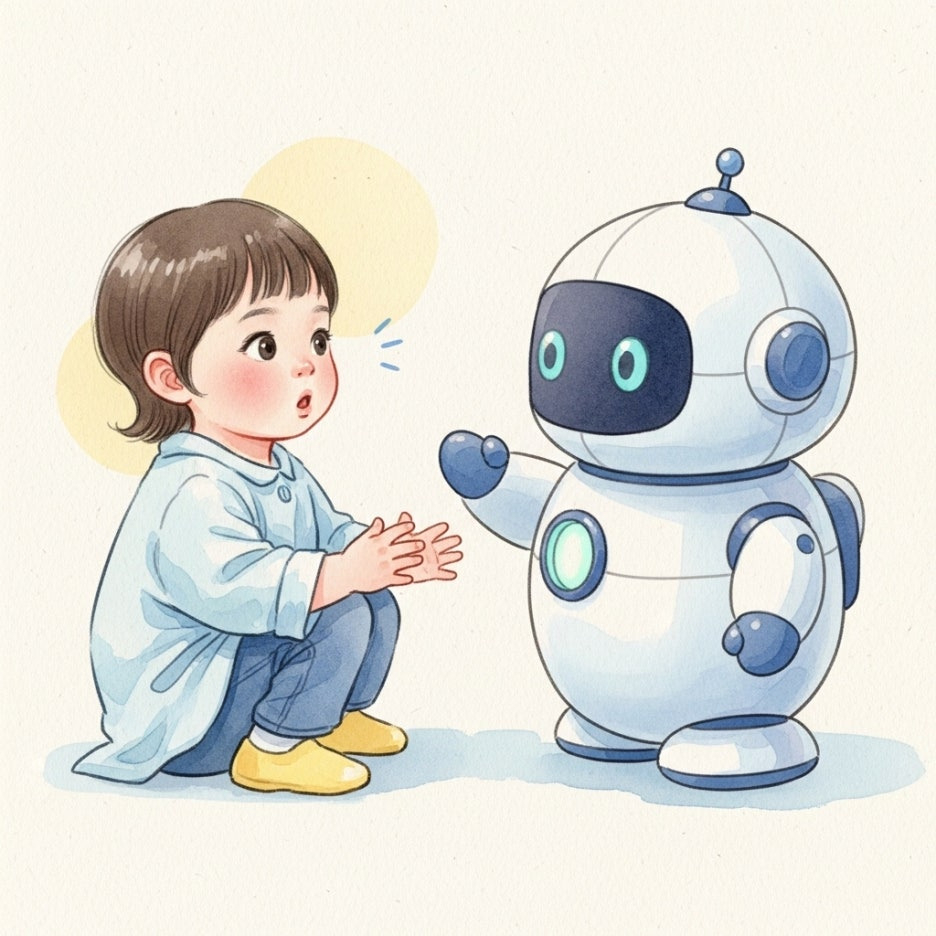 로봇과 교감하며 호기심 어린 표정을 지은 아이의 모습