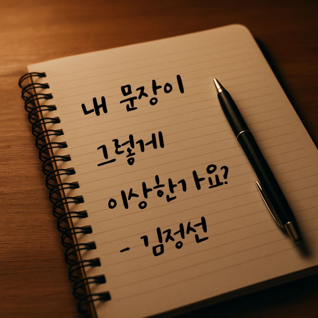 언어의 온기와 문장의 결을 떠올리게 하는 조용한 책상 위의 노트와 펜.