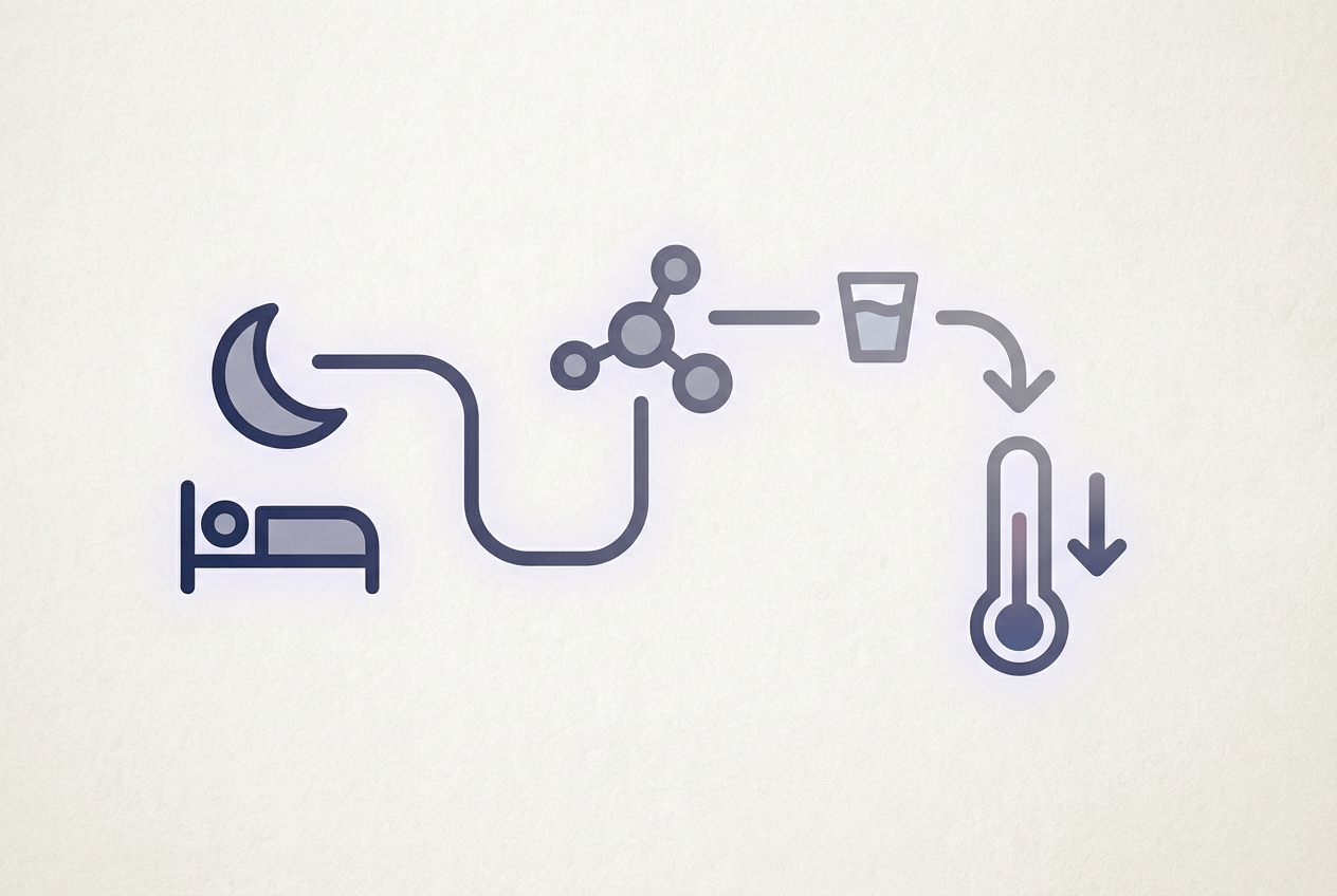 밤에 체온이 내려가며 잠드는 과정을 상징하는 도식형 그림, 글리신과 수면 루틴을 연결한 이미지
