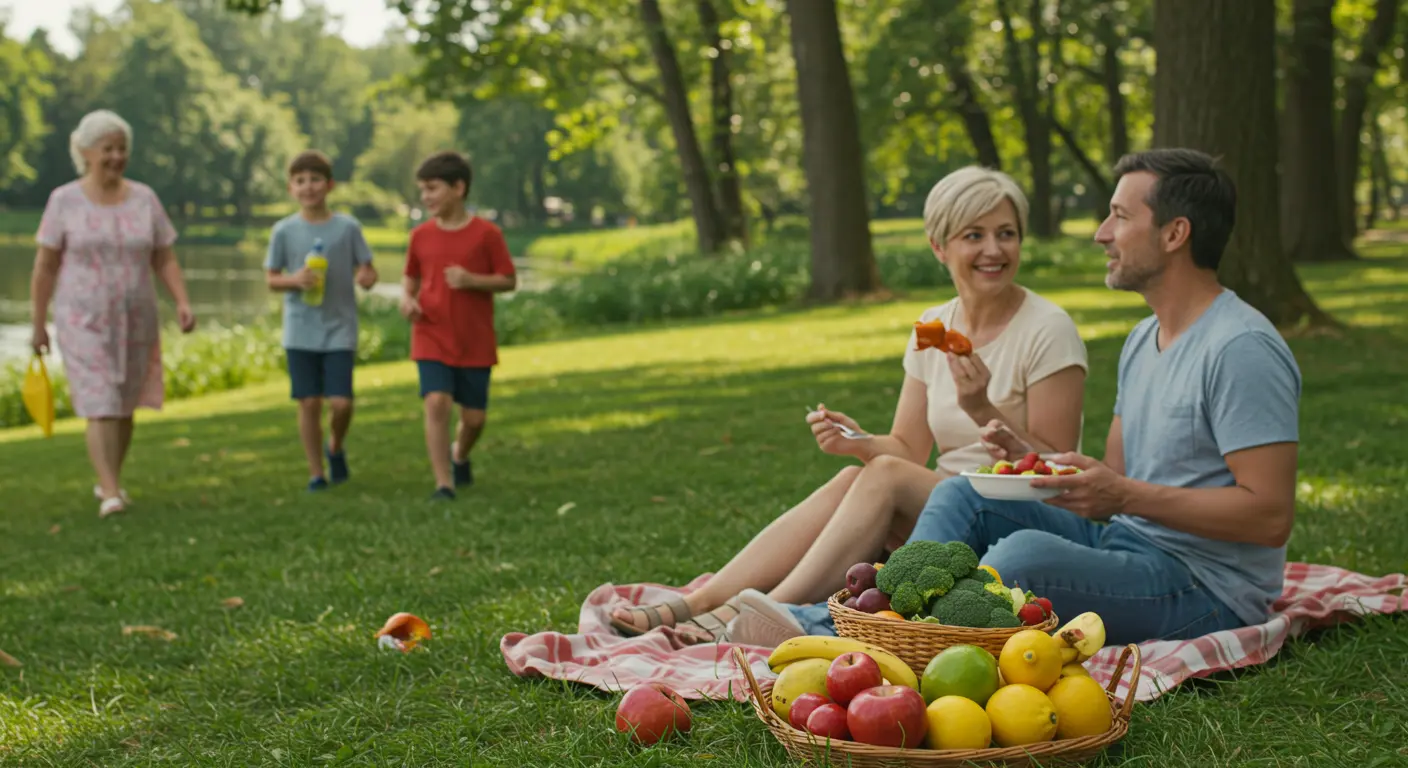 공원에서 가족이 세대별로 각자에게 맞는 건강한 활동을 하며 즐거운 시간을 보내는 상상 이미지