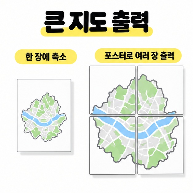 큰 지도를 한 장에 축소한 출력과 포스터 기능으로 여러 장에 나눈 출력을 비교하는 도식
