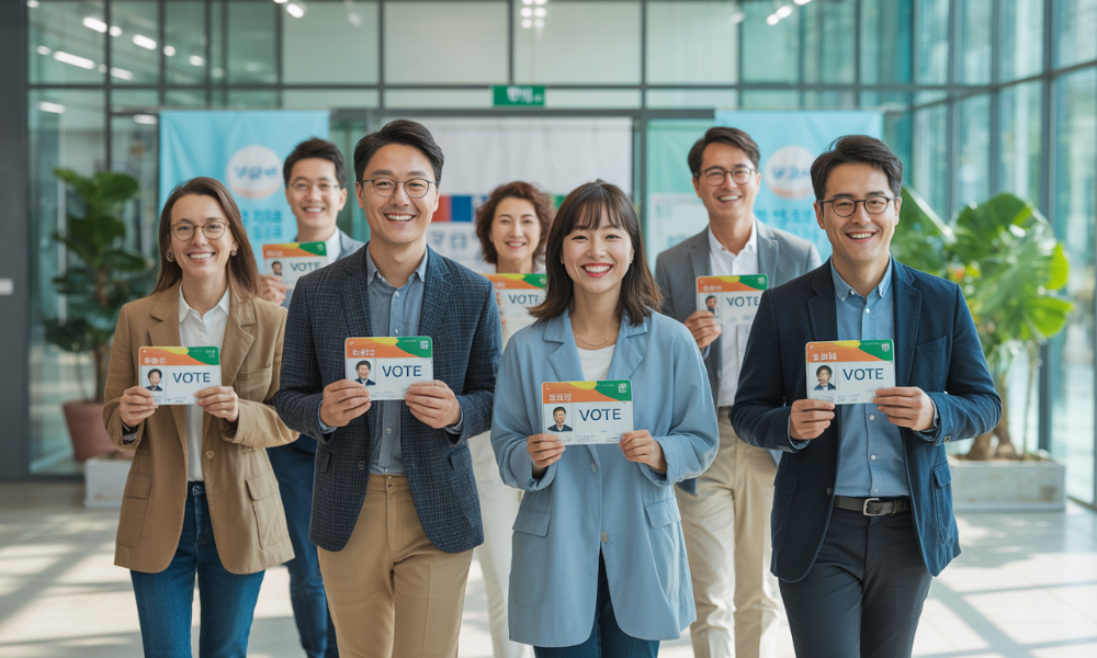 제21대 대통령선거 투표소로 향하는 다양한 연령대의 유권자들이 미소를 지으며 실물 및 모바일 신분증을 들고 있는 모습.