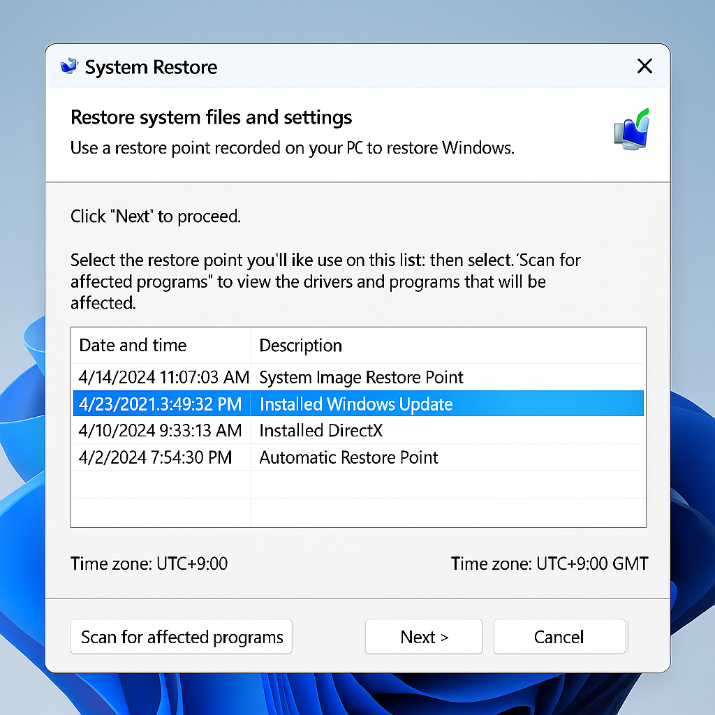 Windows 시스템 복원 인터페이스 화면