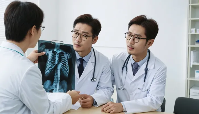 의사와 상담하며 고관절 통증 원인을 확인하는 모습