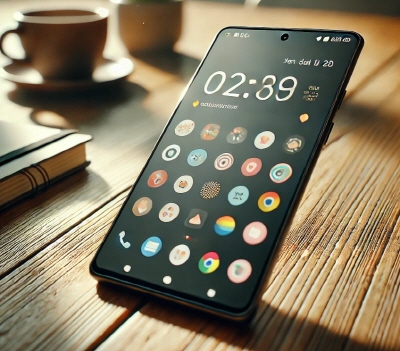 실내 공간에서 촬영된 스마트폰의 클로즈업 사진