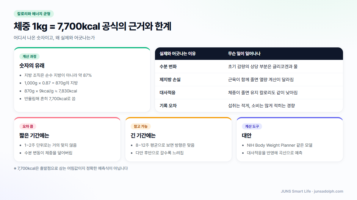 체중 1kg 7700kcal 공식의 유래와 한계 도식