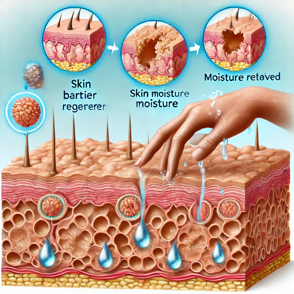 피부 장벽이 복구되며 세포가 재생되고 수분이 유지되는 모습