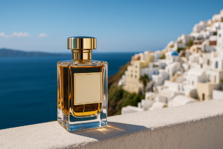 산토리니의 푸른 바다와 하얀 건물 배경에 니치향수 병이 놓여있는 이미지