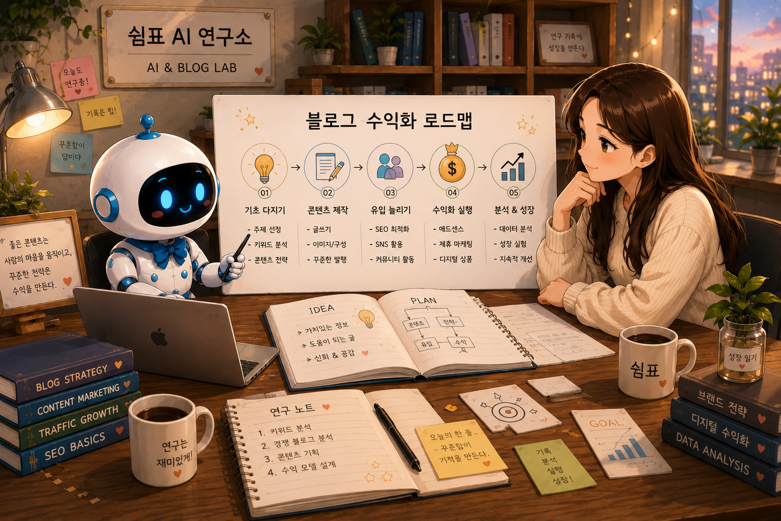 푸름이와 쉼표가 블로그 수익화 로드맵 보드를 보며 기초부터 수익화 단계까지의 전략을 연구하는 모습.