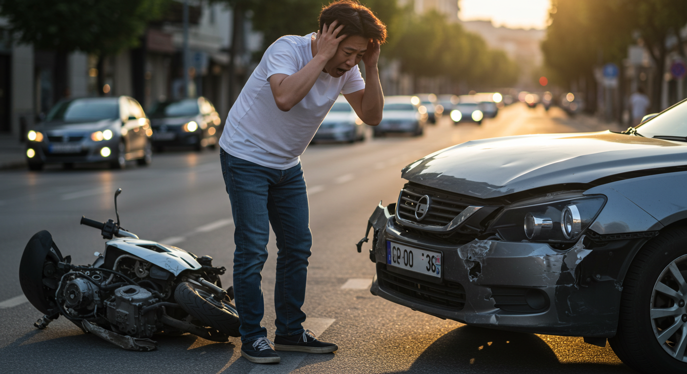 해외에서 스쿠터 사고로 파손된 차량 앞에서 당황한 남성.