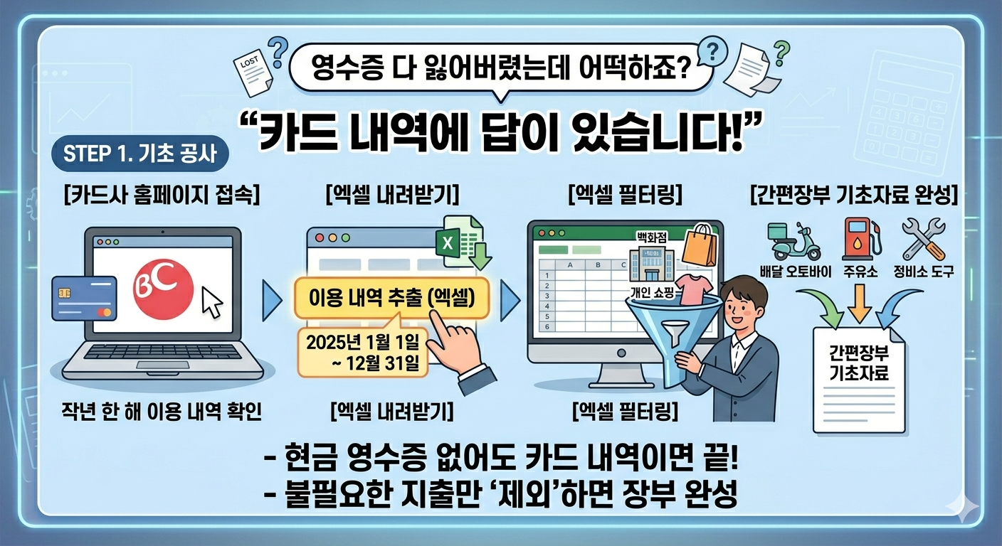 종합소득세 신고 영수증 분실 시 카드사 엑셀 내역 활용 가이드 인포그래픽. 카드사 홈페이지 접속 후 1년 치(2025년) 이용 내역 다운로드. 엑셀 필터 기능을 활용해 백화점, 개인 쇼핑 등 비업무용 지출 제외. 배달 오토바이, 주유소 등 업무 관련 지출만 남겨 간편장부 기초 자료 완성 과정 시각화. "카드 내역에 답이 있습니다!" 문구 포함.