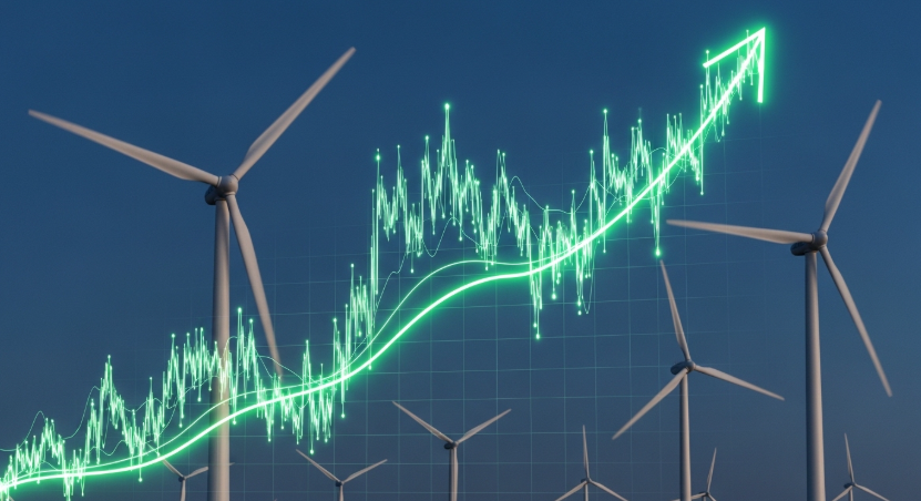 브렌밀러에너지 주가 전망 관련 이미지(A dramatic upward financial stock chart made of glowing green light over a background of clean energy wind turbines.)