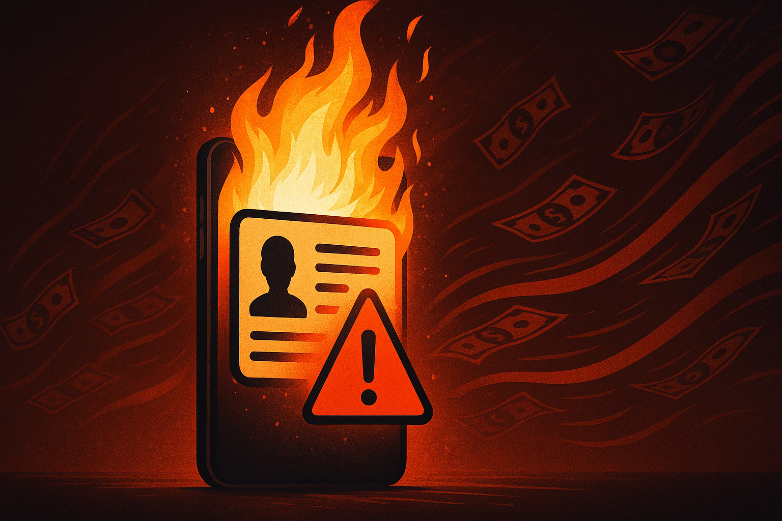 스마트폰 화면 속 신분증 이미지가 붉은 경고 아이콘과 함께 불타고 있는 모습