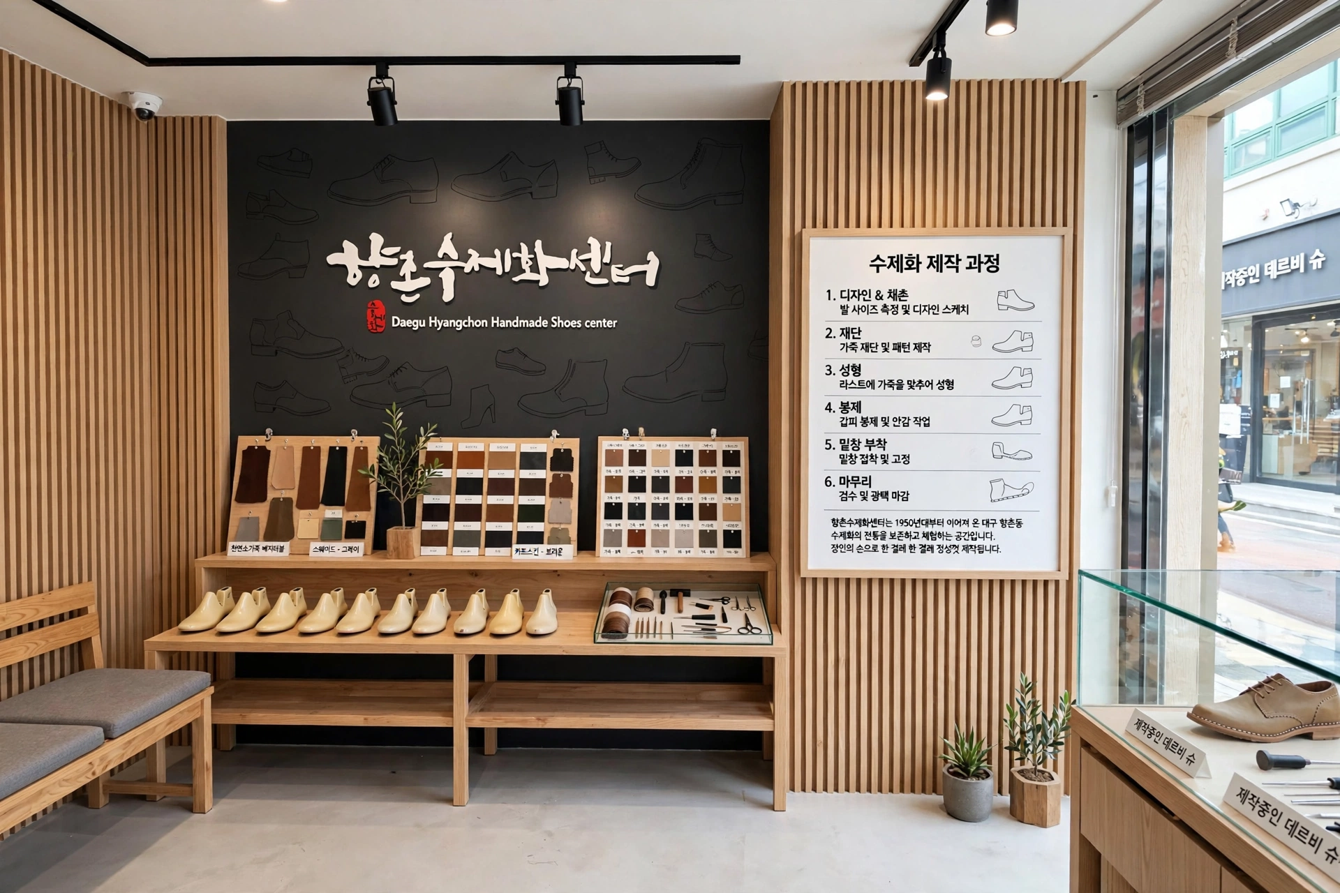 향촌수제화센터 내부 전경. 검은 벽에 '향촌수제화센터' 로고와 구두 일러스트, 나무 선반 위에 가죽 원단 샘플과 구두골, 제작 도구가 진열되어 있고 오른쪽에는 수제화 제작 과정 설명 패널이 있다.